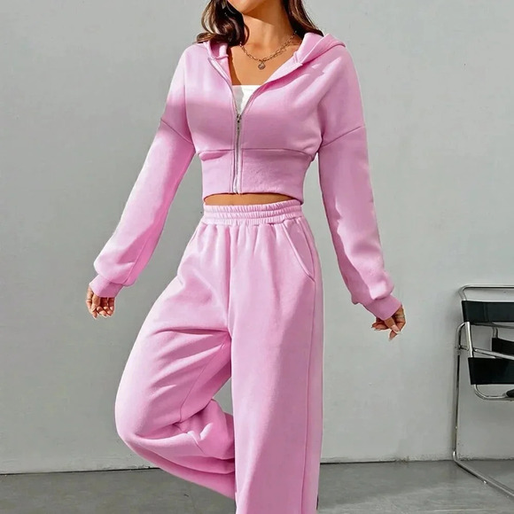 Pink Casual Women's Spring Zip Front Hooded Sweatshirt And Pants Set - Picture 7 of 7